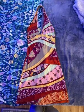 Vintage Etro Multicolor Printed Halter Dress in Red, Pink, Yellow, Light Blue